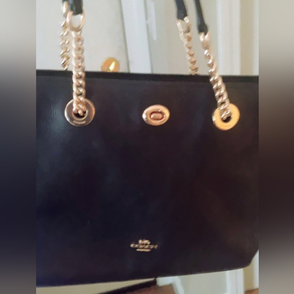 Coach Black Leather Tote Bag with Gold Accents